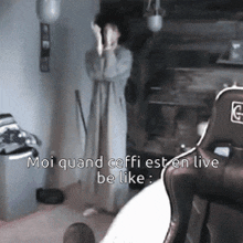 a person covering their face with their hands in a room with the words moi quand ceffi est en live be like