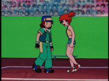 a cartoon of ash and misty standing next to each other on a track