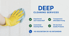 a poster for deep cleaning services shows a hand holding a cloth