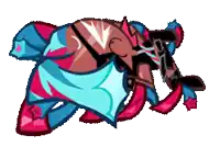 a cartoon drawing of a person laying down with a blue and pink scarf around their waist .