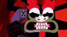 a cartoon character from samurai jack is holding a video game controller and screaming .