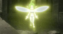a fairy with green hair and white wings is glowing brightly