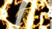 a cartoon character is surrounded by flames and a lightning strike