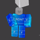 a blue robot with the word front written on it