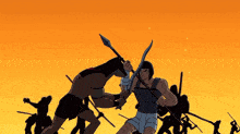 a man with a spear is fighting another man