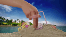 a woman 's hand is reaching into the sand with a pink straw and the words style hall above her
