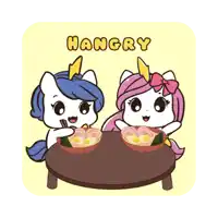 a cartoon illustration of two unicorns eating ramen with chopsticks and the word hangry above them