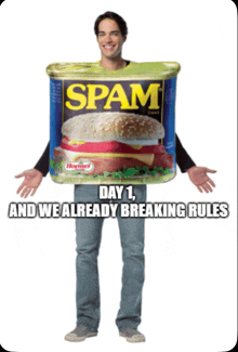 a man dressed in a spam can costume