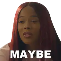 a woman with red hair has her eyes closed and the word maybe is above her