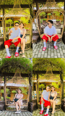a man and a woman are sitting on a wicker chair