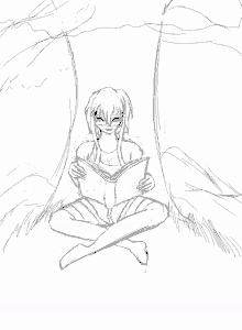 a black and white drawing of a woman sitting on the ground reading a book