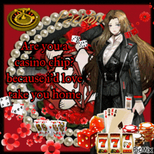 a picture of a woman with the words " are you a casino chip because i 'd love to take you home "