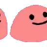 two pink balls with black eyes and a smile on their faces on a white background .