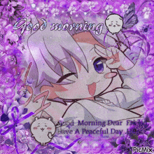 a picture of a girl with the words good morning dear friend have a peaceful day hugs on it