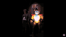 a monkey robot is sitting on a table holding balloons and a sword .