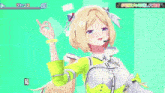 a blonde anime girl with a microphone on her head is waving her hand