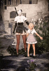 a woman and a little girl are standing next to each other holding hands in a video game .