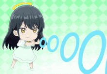 a little girl with a halo on her head is holding a blue circle in her hand