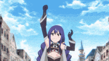 a girl with purple hair and black gloves holds her fist in the air
