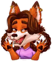 a cartoon drawing of a fox with braids and a purple shirt