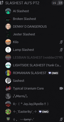 a screenshot of slashest au 's pt2 with a list of names