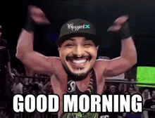 a man wearing a blizzard hat is smiling and says good morning