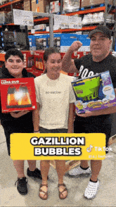 a man and two children are holding gazillion bubbles