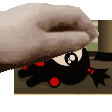 a hand is covering a cartoon character 's face with a glove .