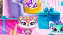 a person is pointing at a toy animal in a video game .