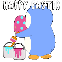 a penguin is painting an easter egg with the words happy easter written above it