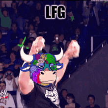 a cartoon of a man with a bull 's head and the words lfg on the bottom