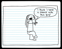 a drawing of a person with a speech bubble that says " think i have a chance with this guy "