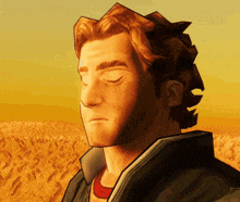 a cartoon of a man with his eyes closed in front of a field