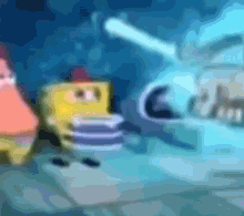 a blurry picture of spongebob patrick and a helicopter