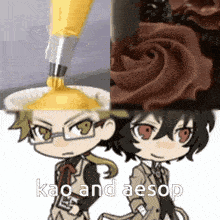 kao and aesop are standing next to each other with a cupcake in the background