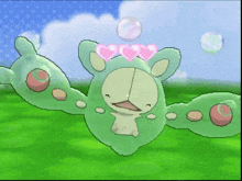 a green and white cartoon character with hearts on its head