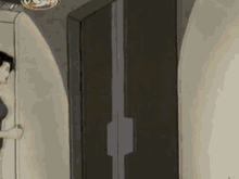 a cartoon of a woman standing next to a door in a hallway .