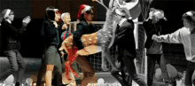 a group of people are dancing on a stage while wearing santa hats and holding gifts .