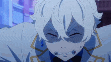 a man with white hair is making a funny face with his mouth open .