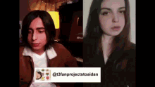 a man and a woman are sitting next to each other and the woman is wearing a brown jacket