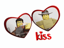 two hearts with a man holding a knife and the word kiss on the bottom