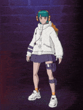 a girl with green hair is wearing headphones and has a backpack on her back