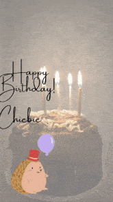 a birthday card that says happy birthday chicbie with a hedgehog holding a balloon