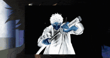 a man with white hair and blue gloves holds a sword