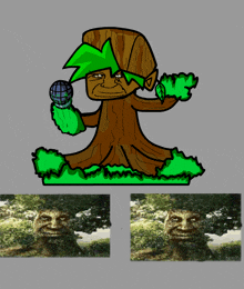 a cartoon of a tree holding a microphone next to a statue of a tree