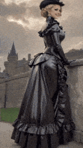 a woman in a long black dress and hat is standing in front of a castle