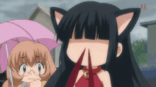 a girl with cat ears is holding her nose while another girl holds an umbrella behind her