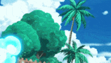 a cartoon scene with palm trees and a blue sky with clouds .