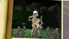 a cartoon of a skeleton standing next to a group of purple animals .