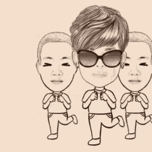 a black and white drawing of a woman wearing sunglasses and three men .
